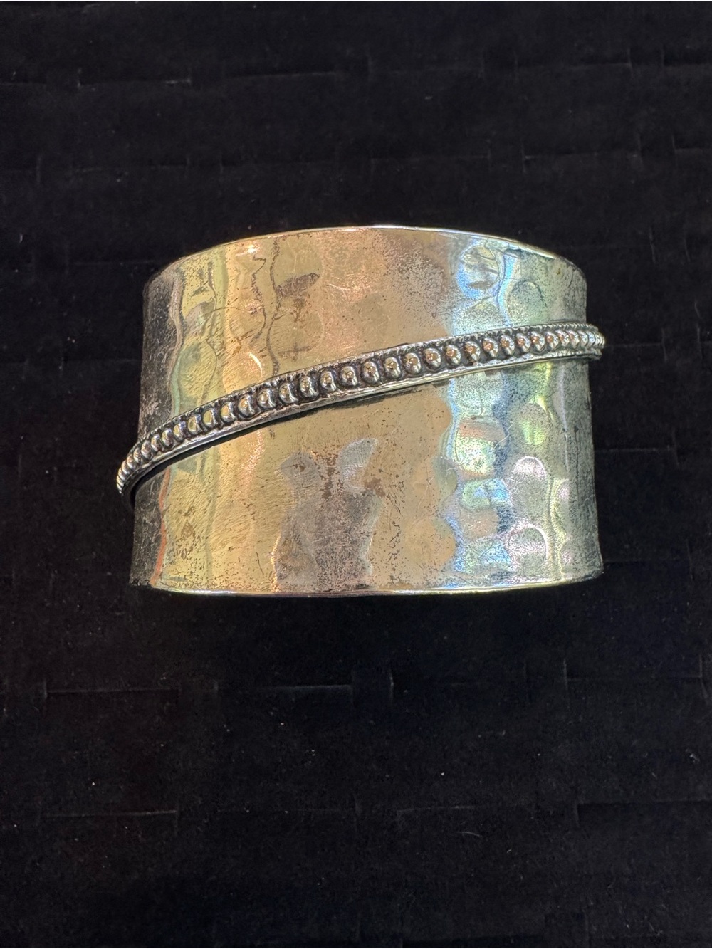 Silver Tone Hammered Wide Cuff Bracelet Beaded Wrap Boho Statement Jewelry